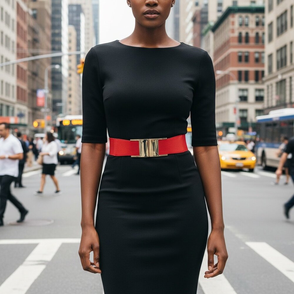 NEW Women Red Elastic Waistband Fashion Belt Rectangle Gold Metal Buckle S M